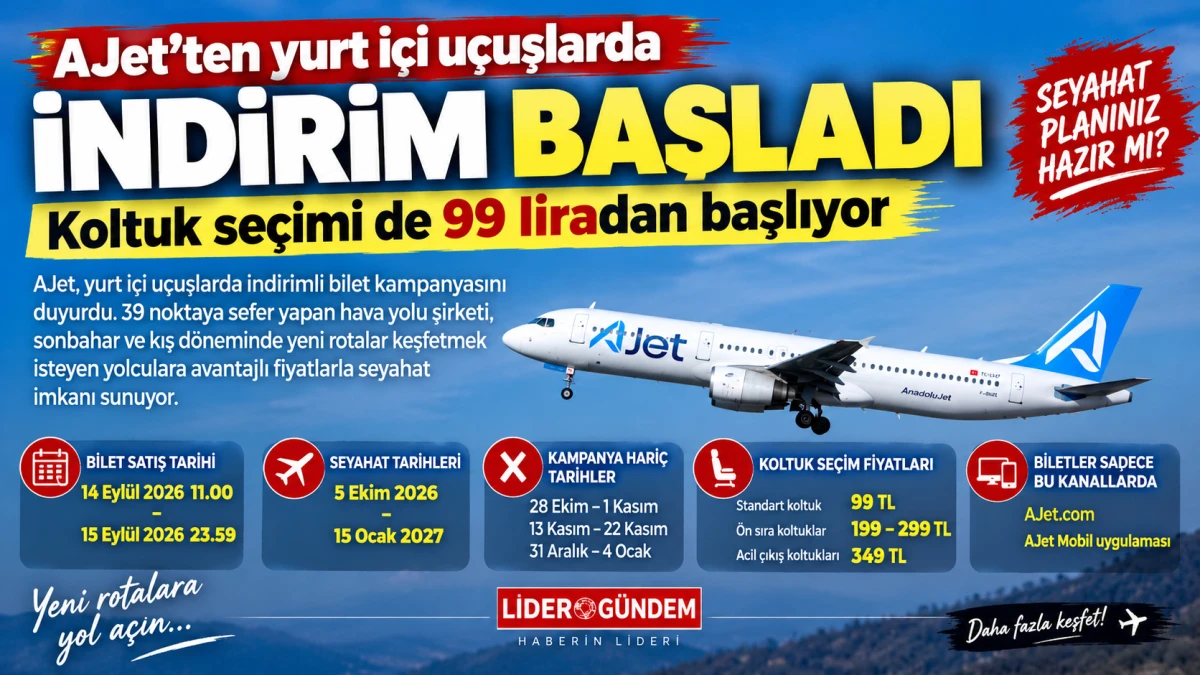 AJet&rsquo;ten yurt i&ccedil;i u&ccedil;uşlarda indirim: Koltuk se&ccedil;imi 99 TL&rsquo;den başlıyor