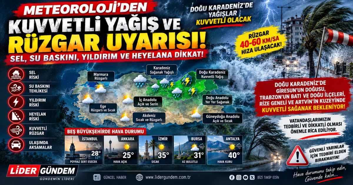 Meteoroloji&rsquo;den kuvvetli yağış ve r&uuml;zgar uyarısı: Sel ve heyelan riskine dikkat